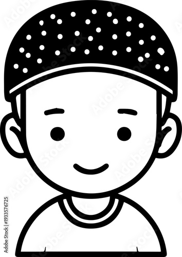 Smiling boy wearing traditional Muslim cap and kurta Black and white vector illustration
