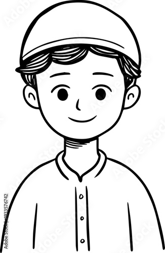 Smiling boy wearing traditional Muslim cap and kurta Black and white vector illustration
