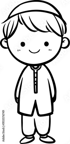 Smiling boy wearing traditional Muslim cap and kurta Black and white vector illustration
