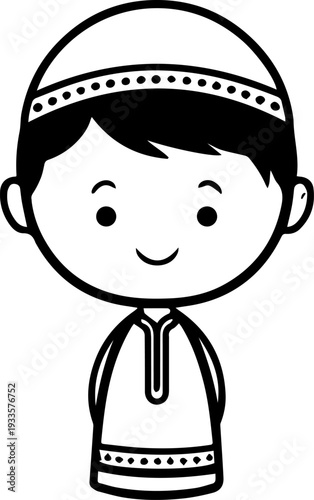 Smiling boy wearing traditional Muslim cap and kurta Black and white vector illustration
