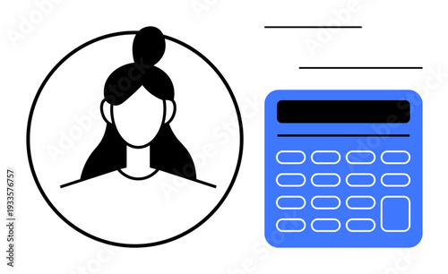 Digital identity, financial apps, online calculations, budgeting tools, analytics, user profiles. Minimalist user avatar next to a blue calculator. Digital identity and financial app concept