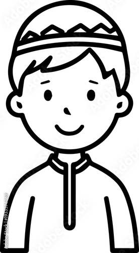 Smiling boy wearing traditional Muslim cap and kurta Black and white vector illustration
