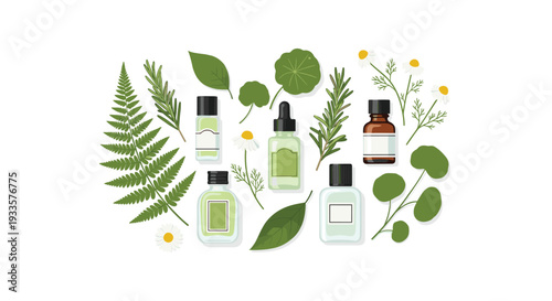 An assortment of five natural skincare bottles and droppers are artfully arranged among various green leaves and white chamomile flowers on a white background.