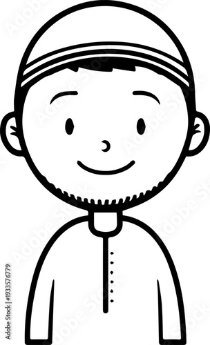 Smiling boy wearing traditional Muslim cap and kurta Black and white vector illustration
