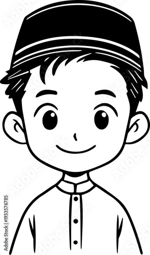 Smiling boy wearing traditional Muslim cap and kurta Black and white vector illustration
