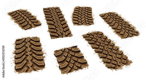 Six distinct brown tire track sections with varied tread patterns are individually embedded in dirt patches, scattered on a white background.
