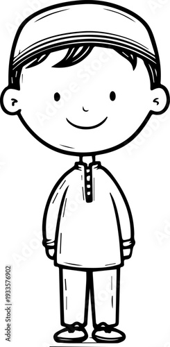 Smiling boy wearing traditional Muslim cap and kurta Black and white vector illustration
