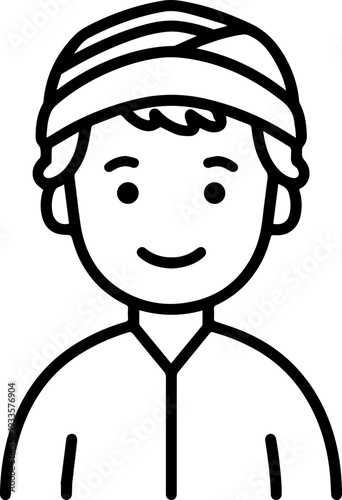 Smiling boy wearing traditional Muslim cap and kurta Black and white vector illustration
