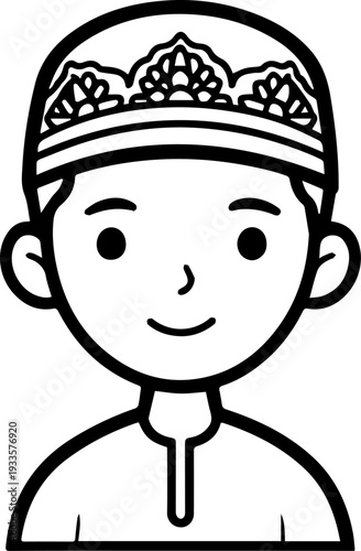 Smiling boy wearing traditional Muslim cap and kurta Black and white vector illustration
