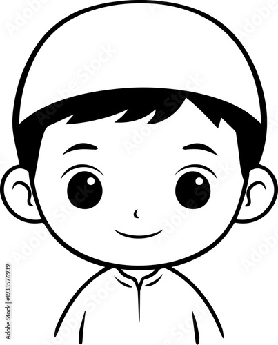 Smiling boy wearing traditional Muslim cap and kurta Black and white vector illustration

