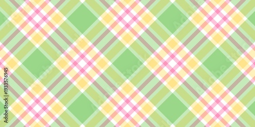 Seamless diagonal tartan plaid pattern in pastel green, pink, and yellow. Fresh spring aesthetic check background for textiles, wrapping paper, and cheerful digital wallpaper design.