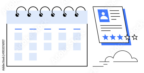 Open notebook-style calendar next to a profile resume with five-star rating. Ideal for time management, career planning, job application, recruitment, performance review, productivity, simple flat