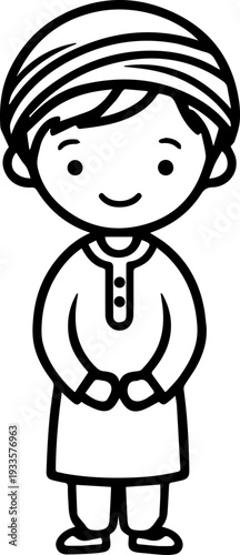 Smiling boy wearing traditional Muslim cap and kurta Black and white vector illustration

