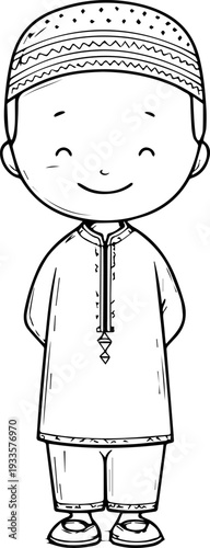Smiling boy wearing traditional Muslim cap and kurta Black and white vector illustration
