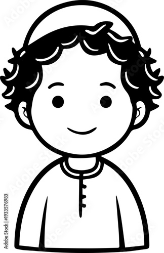Smiling boy wearing traditional Muslim cap and kurta Black and white vector illustration
