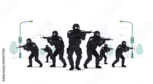 A disciplined SWAT team of seven officers in black tactical gear stands ready with assault rifles in a city street environment.