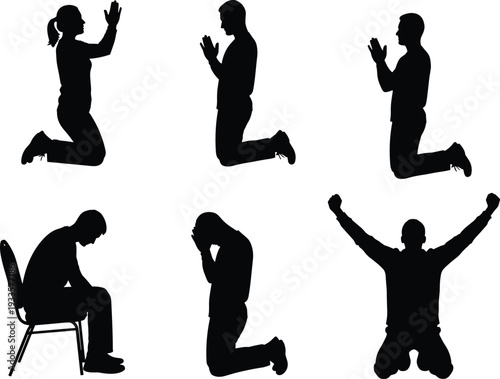 Black silhouettes of men and women kneeling in prayer, sitting on a chair, and praising with hands raised for religious worship.