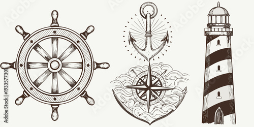 Nautical elements including a ship s wheel anchor lighthouse and compass rose