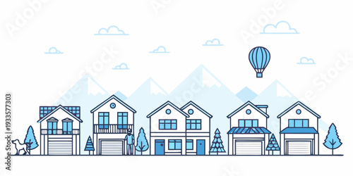 Stylized illustration of houses mountains and a colorful hot air balloon