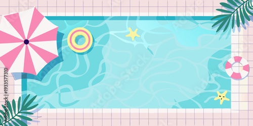 Aerial view of a vibrant swimming pool with summer accessories