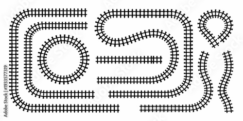 Black and white illustration of a winding toy train track layout