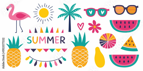 A colorful summer collection featuring flamingos fruit and beach accessories