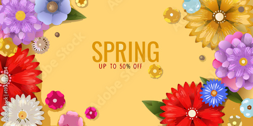 Colorful floral arrangement with spring sale text on a yellow background