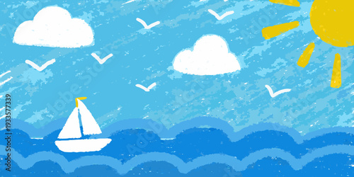 A child s drawing depicting a sunny seascape with birds and a sailboat