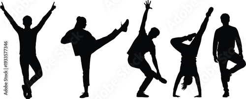 Black silhouettes of diverse people dancing and posing in energetic dynamic expressive positions isolated on white background for creative design