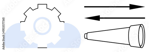 Innovation, mechanics, vision, navigation, process optimization, technology. Image features a gear, telescope and arrows. Innovation and mechanics with directional elements and a mechanical gear