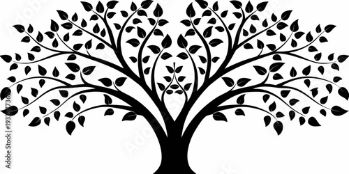 Stylized black tree with dense foliage against a white background