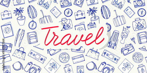 Hand drawn travel elements and the word travel in red lettering