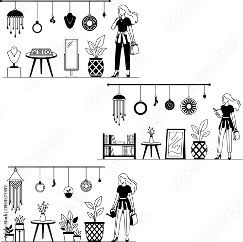 Woman Shopping in Jewelry and Home Decor Store Black and White Minimal Vector Set