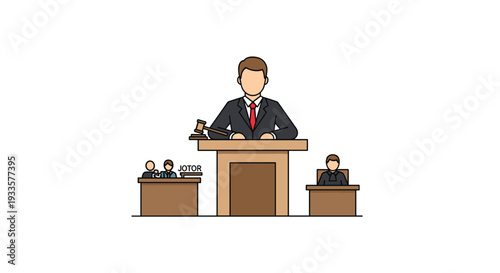 A male judge with a gavel presides from a raised bench, overseeing two jurors and a witness in a formal courtroom setting.