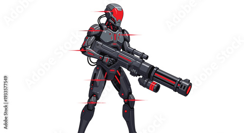 A futuristic dark grey and red armored robot with glowing lines stands holding a large heavy weapon against a stark white background.