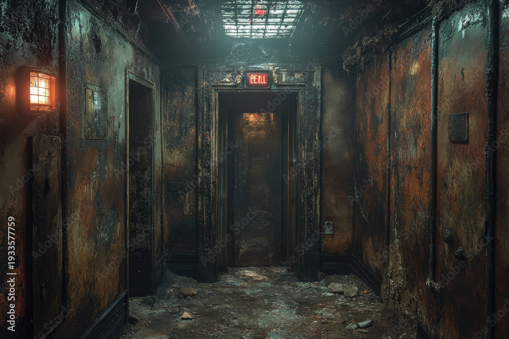 Fototapeta premium Fire hydrant in dark hallway.