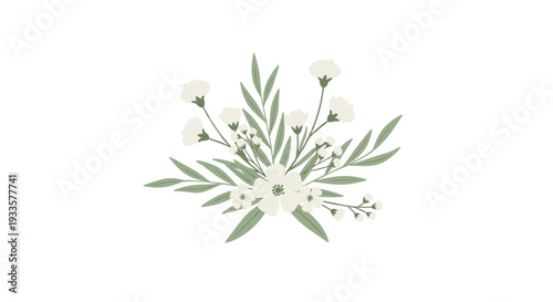 A delicate, compact bouquet features several small white blossoms with subtle yellow centers and numerous slender green leaves.