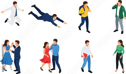 Isometric people set with business man flying jumping students walking and couples dancing in elegant clothes for creative vector design projects