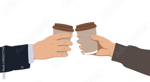 Two distinct hands, one in a suit sleeve, are depicted in a toasting gesture, each holding a light brown disposable coffee cup.