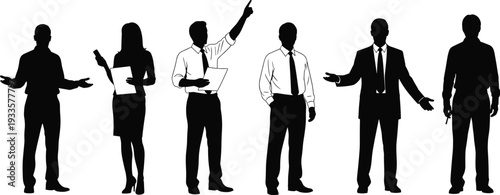 Group of professional business people silhouettes standing in different poses for corporate teamwork leadership presentation and office communication marketing vector illustration