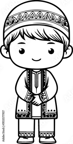 Smiling boy wearing traditional Muslim cap and kurta Black and white vector illustration
