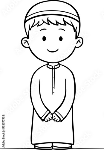 Smiling boy wearing traditional Muslim cap and kurta Black and white vector illustration
