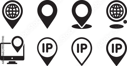 Collection of eight black and white location pin including globe computer and I P address symbols