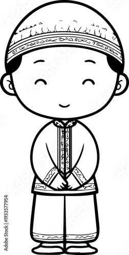 Smiling boy wearing traditional Muslim cap and kurta Black and white vector illustration

