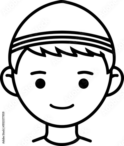 Smiling boy wearing traditional Muslim cap and kurta Black and white vector illustration
