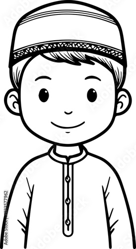 Smiling boy wearing traditional Muslim cap and kurta Black and white vector illustration
