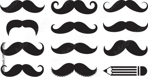 Collection of black silhouette mustaches and a pencil on a white background