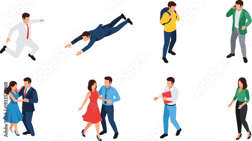 Isometric People Set with Business Men Jumping and Flying Couples Dancing Students Walking and Professionals Talking on Phone Vector Illustration