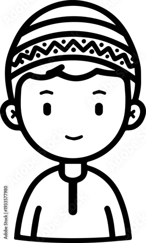 Smiling boy wearing traditional Muslim cap and kurta Black and white vector illustration
