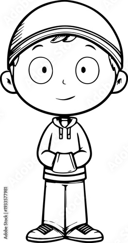 Smiling boy wearing traditional Muslim cap and kurta Black and white vector illustration
